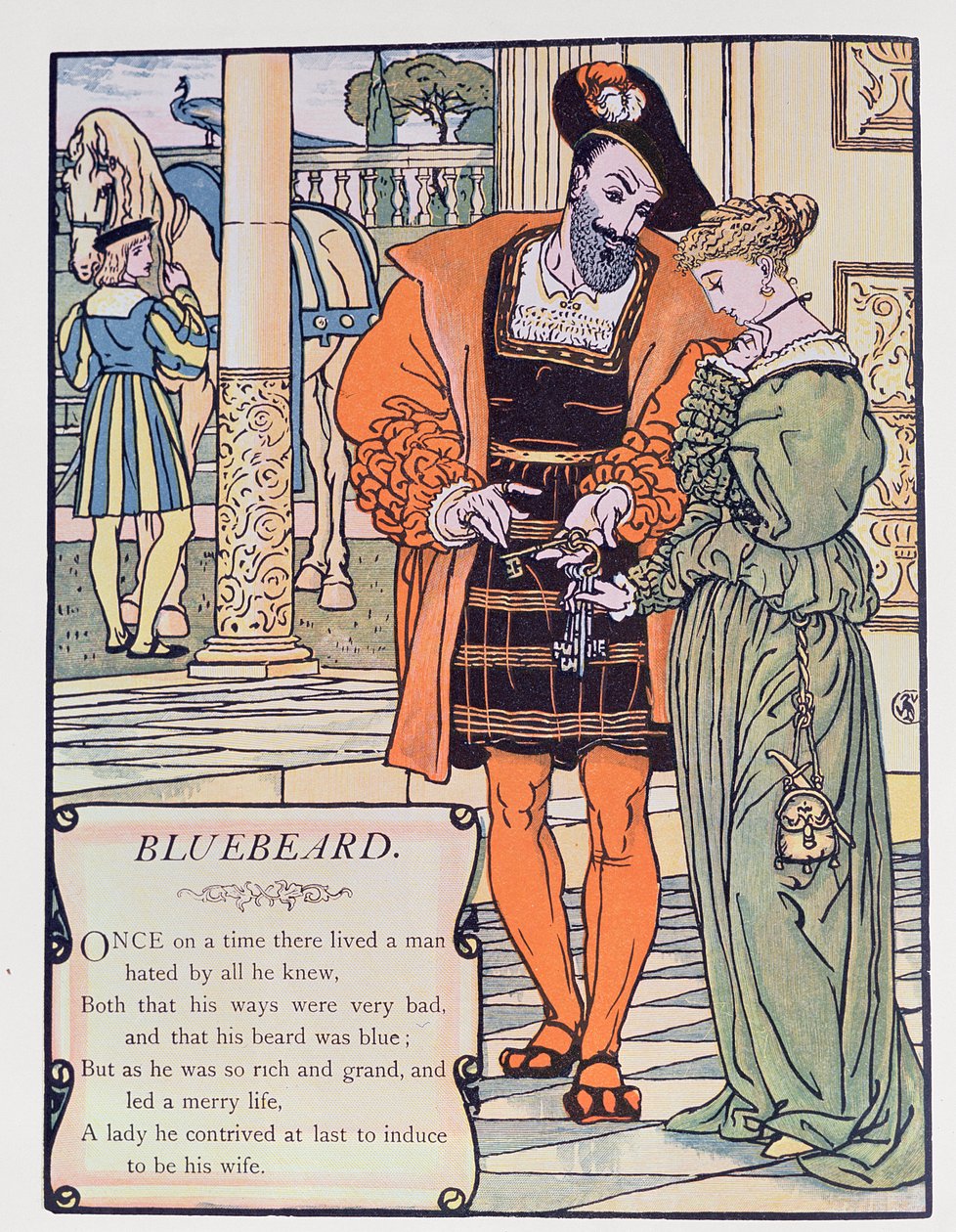 Sinobrody i jego żona, ilustracja do „Sinobrodego” Charlesa Perraulta (1628-1703) (kolorystyka) autorstwa Walter Crane