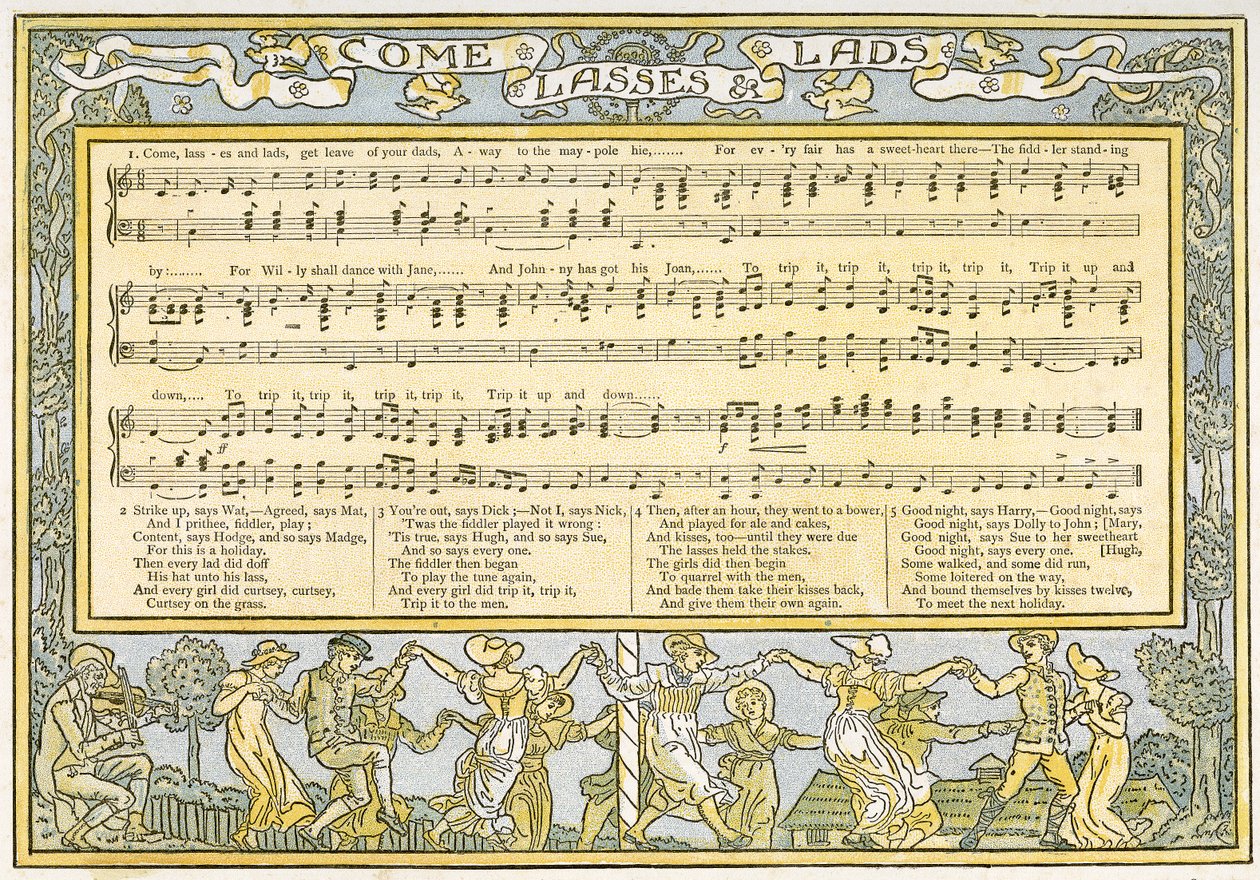 „Chodźcie Lasses und Lads, pożegnajcie się z tatusiami, odejdźcie do grobu na masztach”, ilustracja do piosenki z „Pan-Pipes”, A Book of Old Songs, Newly Arranged and with Accompaniments Theo. Marzials, wydane w autorstwa Walter Crane