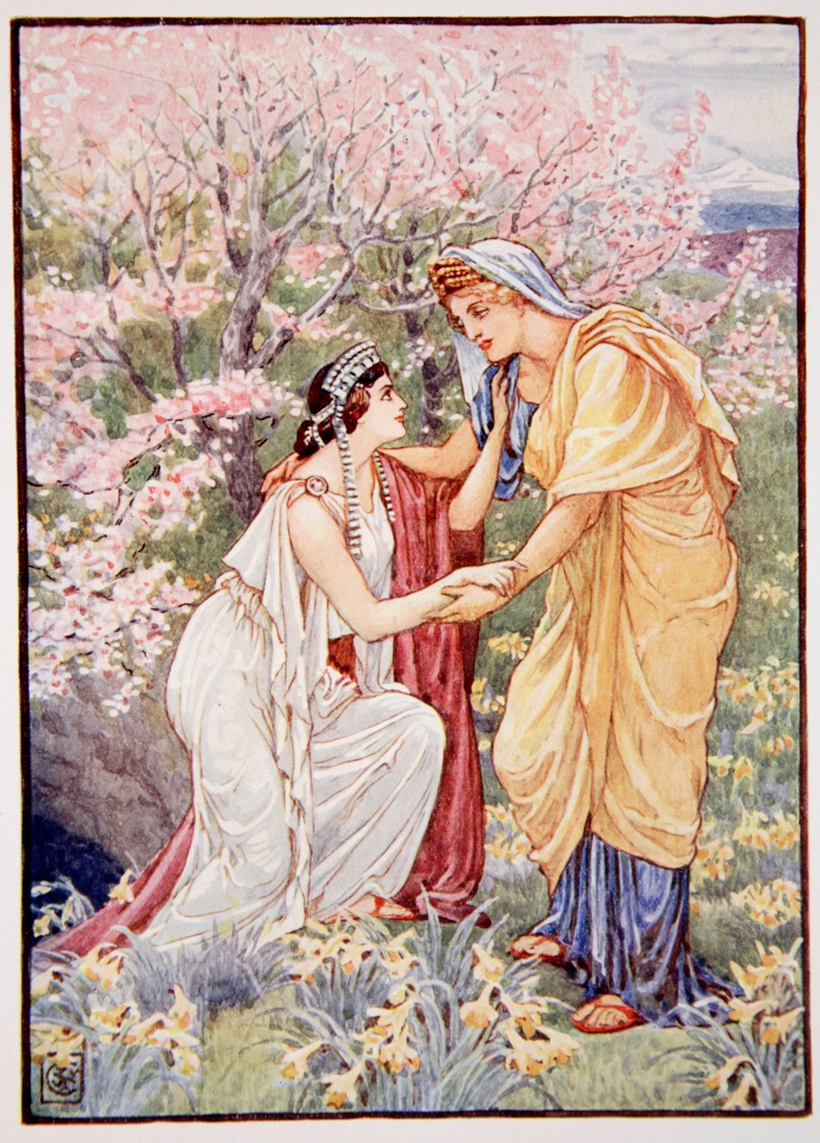 Demeter ucieszyła się, bo jej córka była przy niej, ilustracja z Historii Grecji autorstwa Mary Macgregor, wydanie 1, 1913 (druk kolorowy) autorstwa Walter Crane
