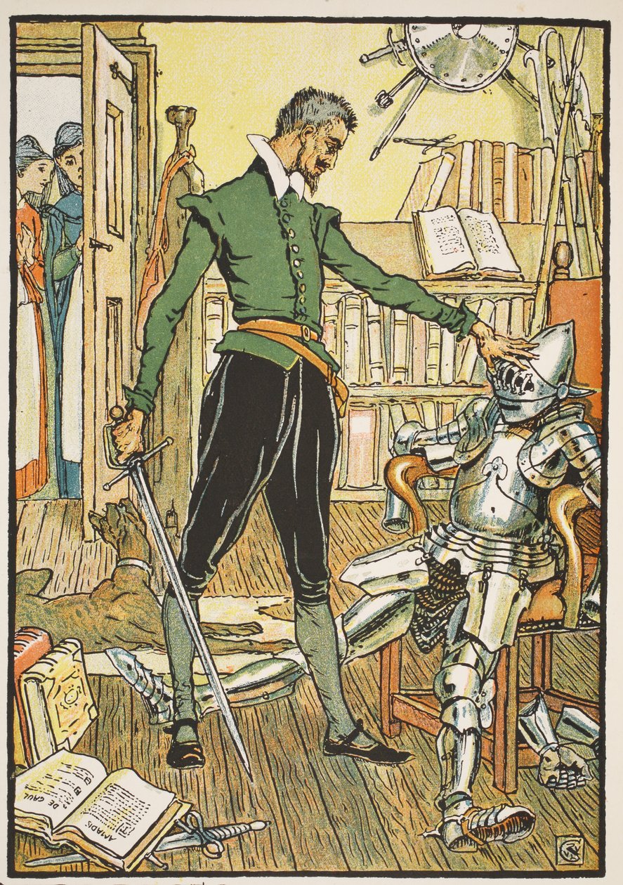 Don Kichot testujący swój hełm, ilustracja z „Don Kichota z Manchy” powtórzona przez sędziego Parry