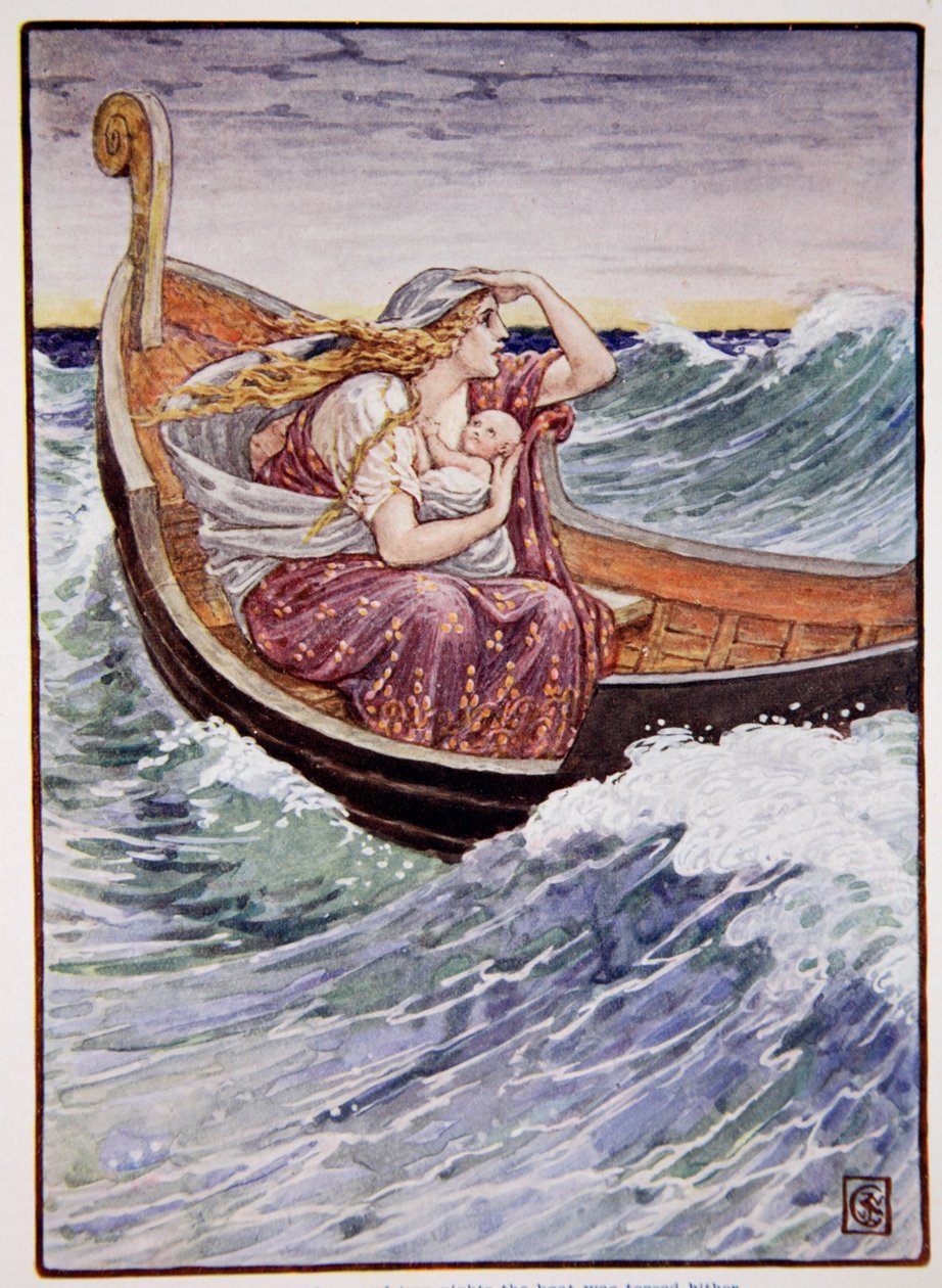 Łódź przez dwa dni i dwie noce rzucała się tu i tam, ilustracja z „Historii Grecji” Mary Macgregor, wydanie 1, 1913 (druk kolorowy) autorstwa Walter Crane