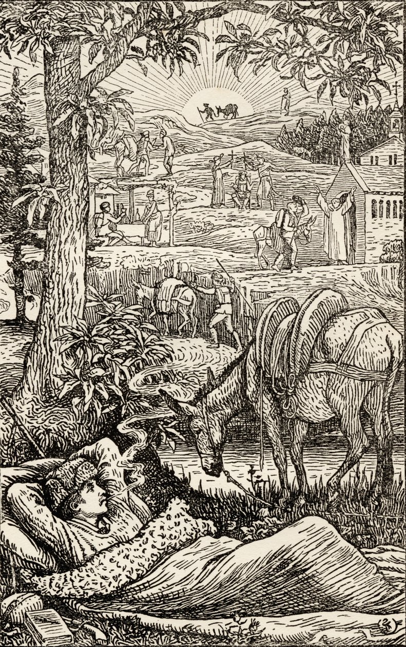 Frontyspis do „Podróży z osłem po Sewennach” Roberta Louisa Stevensona (1850-94) wydrukowany w 1907 r. autorstwa Walter Crane