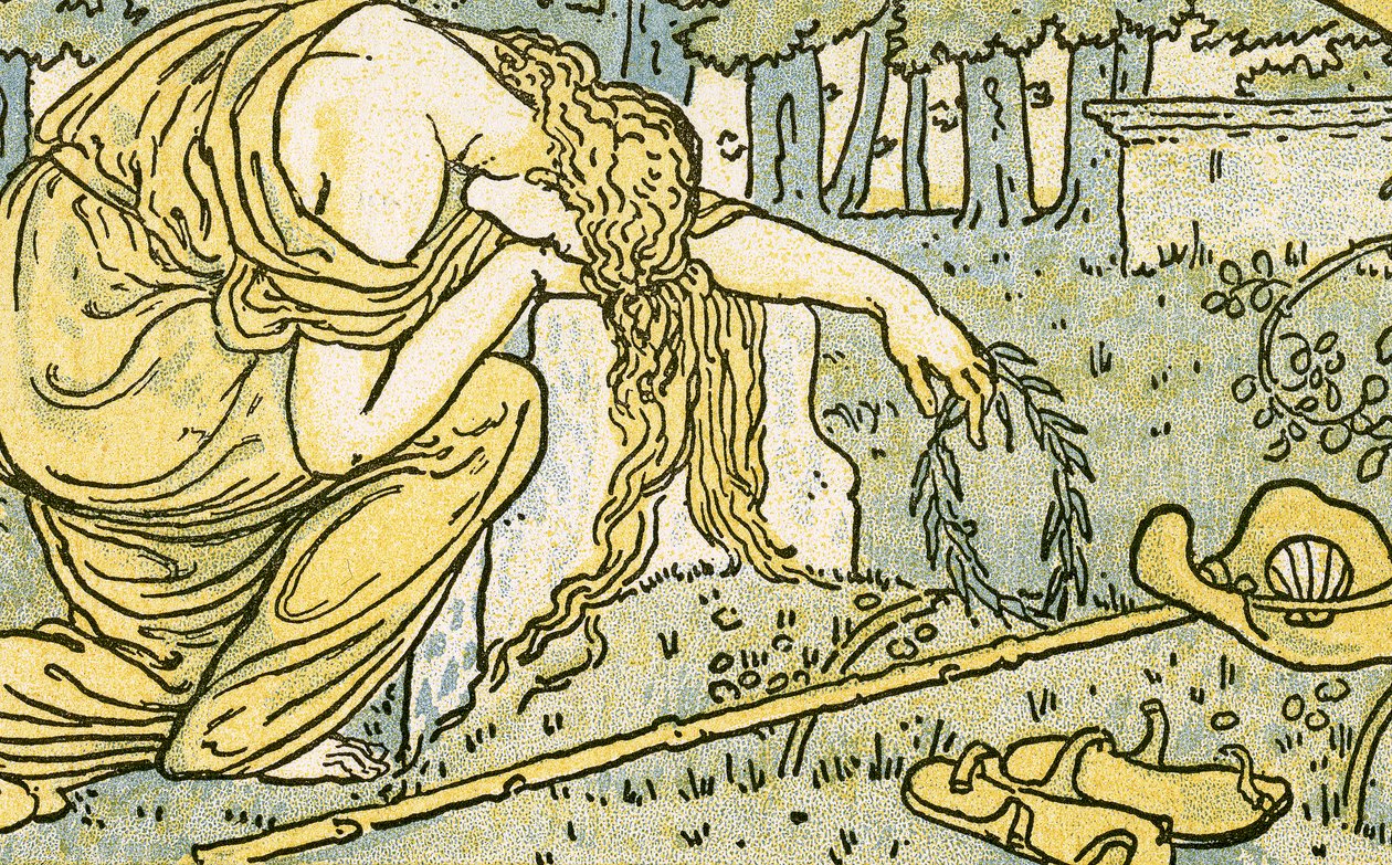 „How Should I Your True Love Know”, pieśń Ofelii z „Hamleta”, akt IV, scena 5, ilustracja z „Pan-Pipes”, Księga starych pieśni w nowej aranżacji iz akompaniamentami Theo. Marziale, publikacje autorstwa Walter Crane