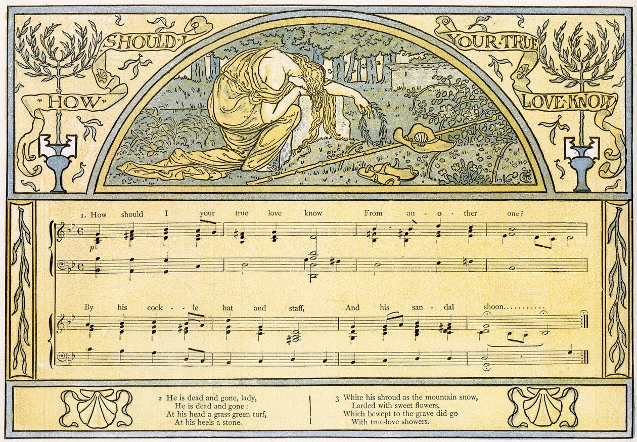 „How Should I Your True Love Know”, pieśń Ofelii z „Hamleta”, akt IV, scena 5, ilustracja z „Pan-Pipes”, Księga starych pieśni w nowej aranżacji iz akompaniamentami Theo. Marziale, publikacje autorstwa Walter Crane