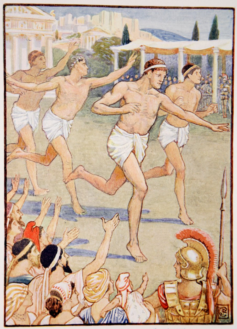 W najdawniejszych czasach jedynym wydarzeniem był prosty wyścig pieszy, ilustracja z The Story of Greece Mary Macgregor, wydanie 1, 1913 (kolorowa odbitka) autorstwa Walter Crane