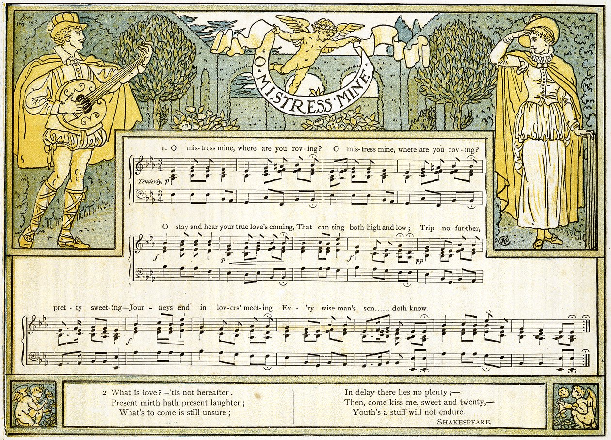 „O Pani Kopalnia, dokąd wędrujesz”, pieśń z „Nocy Trzech Króli”, Akt II, Scena III, ilustracja z „Pan-Pipes”, Księga starych pieśni w nowej aranżacji iz akompaniamentami Theo. Marzials, pu autorstwa Walter Crane