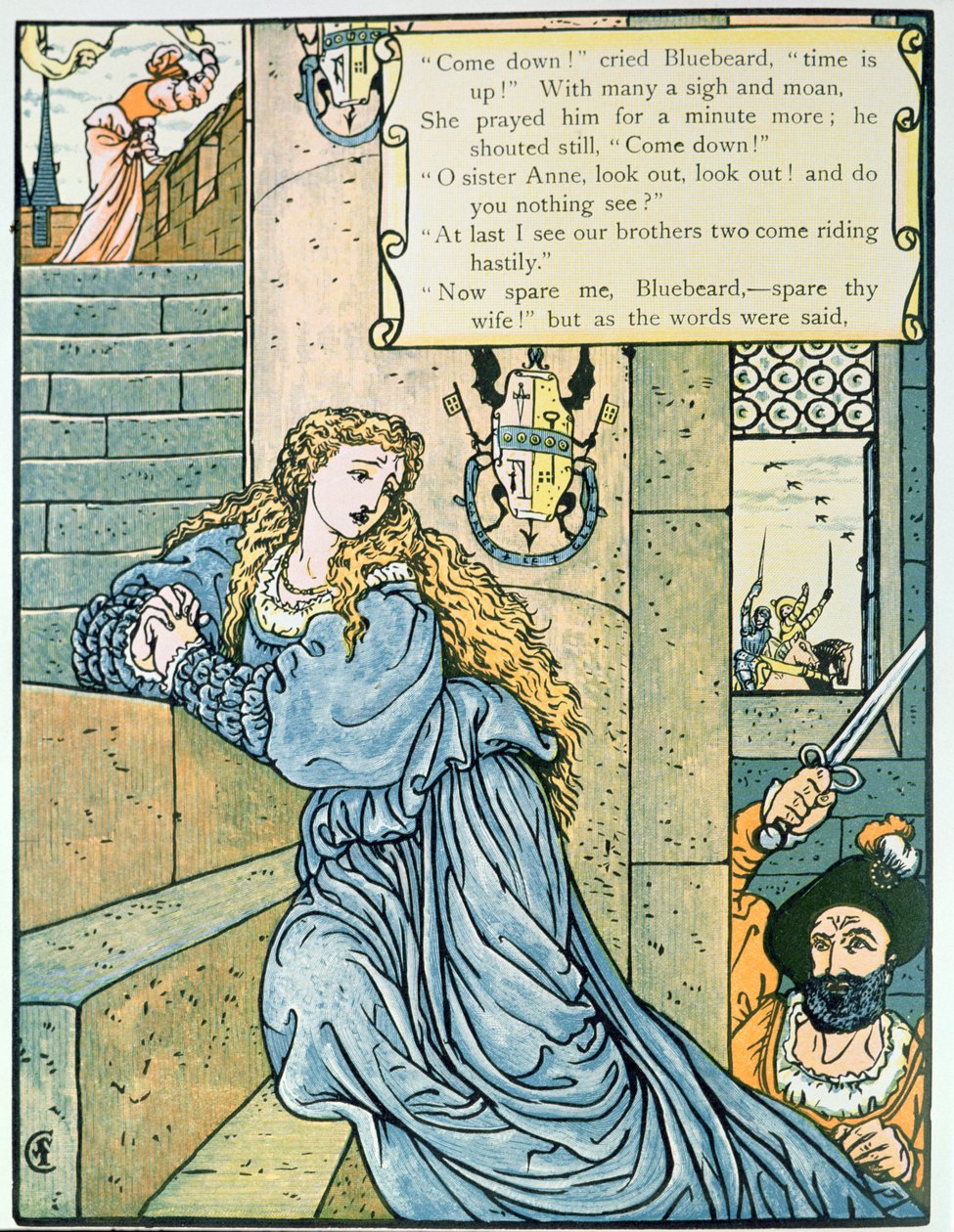 „O siostro Anno, nic nie widzisz”, ilustracja do „Sinobrodego” Charlesa Perraulta (1628-1703) (kolorystyka) autorstwa Walter Crane