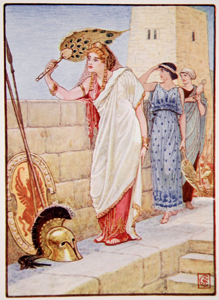 Często stawała na murach Troi, ilustracja z Historii Grecji autorstwa Mary Macgregor, wydanie 1, 1913 (druk kolorowy) autorstwa Walter Crane