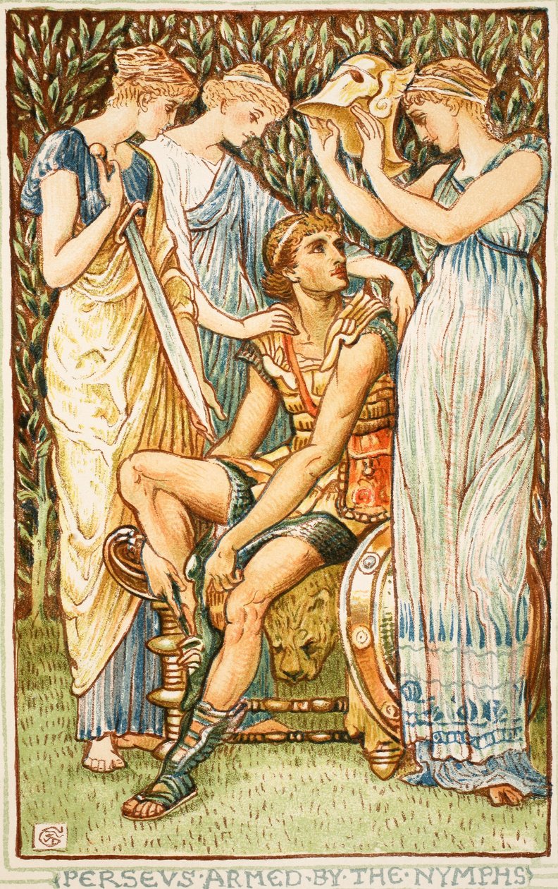 Perseusz uzbrojony przez nimfy, ilustracja z „Cudownej książki dla dziewcząt i chłopców” Nathanial Hawthorne, 1852 autorstwa Walter Crane