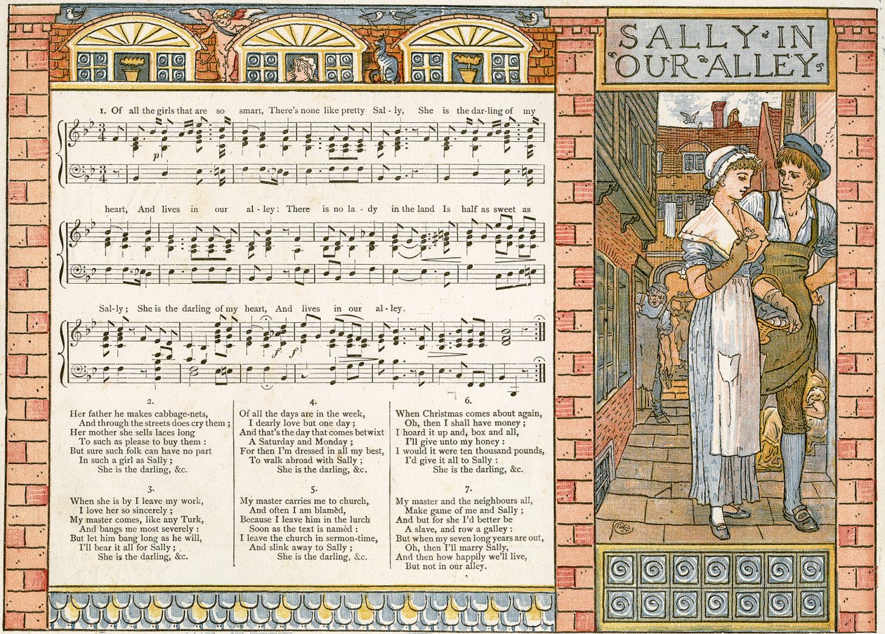 „Sally in our Alley”, ilustracja do piosenki z „Pan-Pipes”, Księga starych pieśni, na nowo zaaranżowana iz akompaniamentami Theo. Marzials, wydana w Londynie przez George