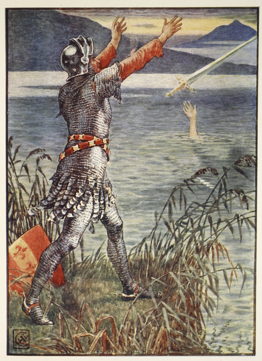 Sir Bedivere rzuca miecz Excalibur do jeziora, z „Historii Rycerzy Okrągłego Stołu” Henry