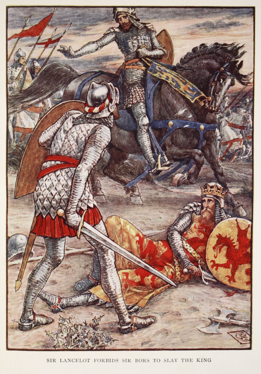Sir Lancelot zabrania Sir Borsowi zabić króla, z "Opowieści o rycerzach Okrągłego Stołu" Henry