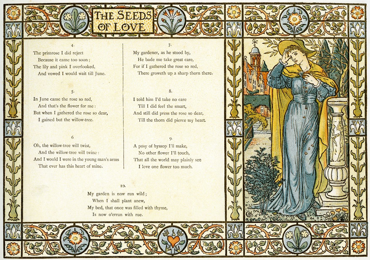 „The Seeds of Love”, część 2 tradycyjnej angielskiej pieśni ludowej, ilustracja z „Pan-Pipes”, Księgi starych pieśni, nowo zaaranżowanych iz akompaniamentami Theo. Marzials wydane w Londynie przez Geor autorstwa Walter Crane
