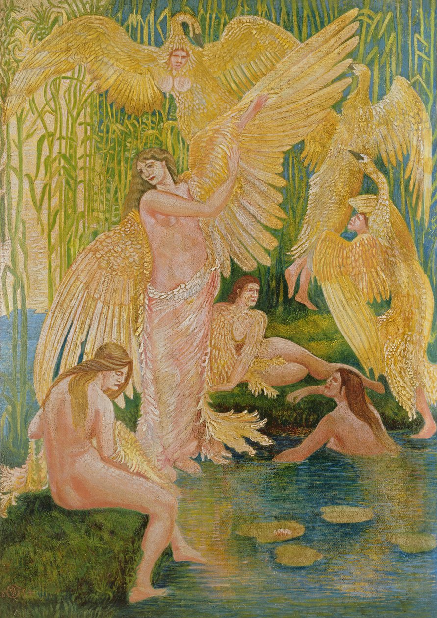 Swan Maidens, 1894 (olej i technika mieszana na papierze) autorstwa Walter Crane
