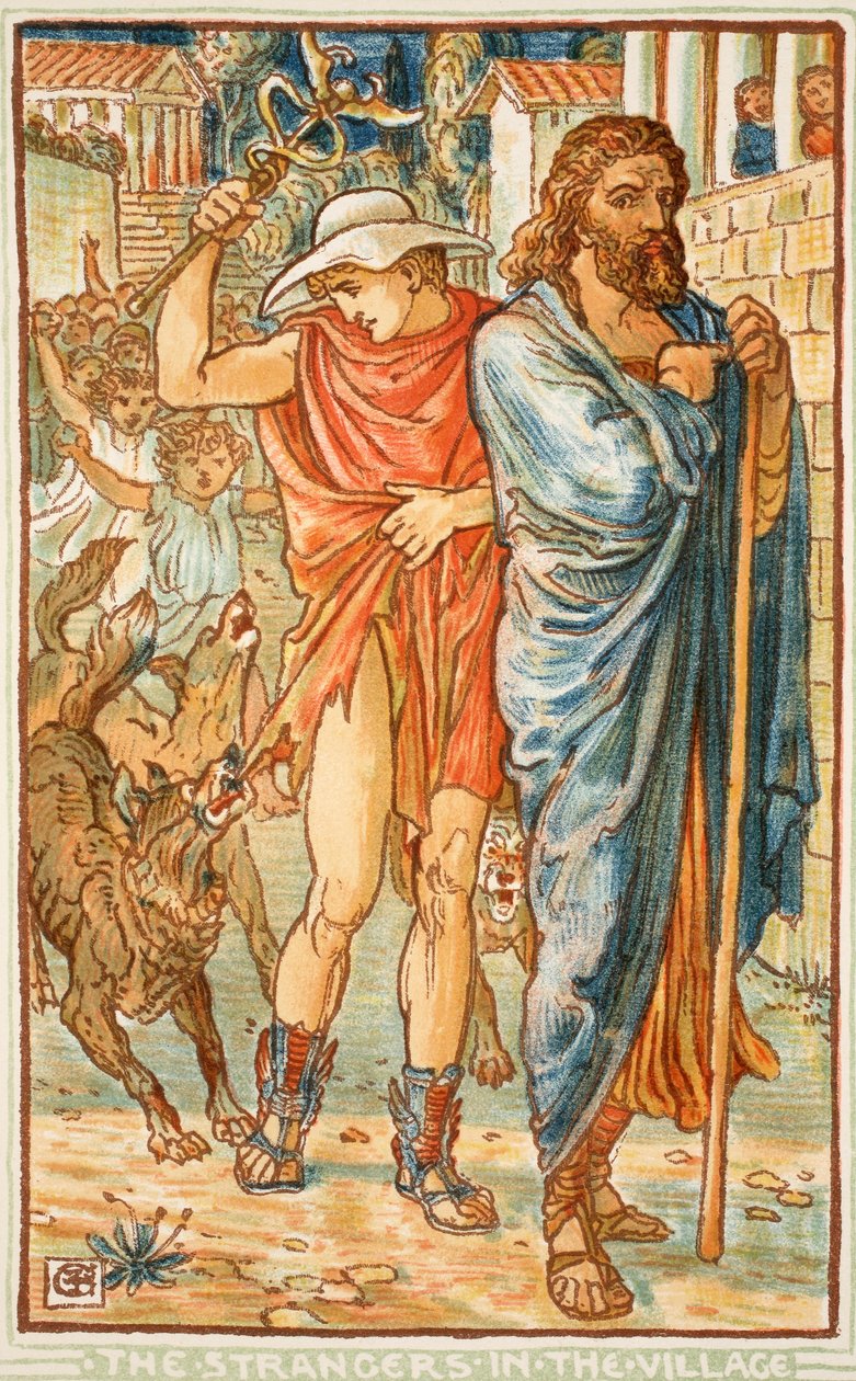 Obcy w wiosce, ilustracja z „Cudownej książki dla dziewcząt i chłopców” Nathanial Hawthorne, 1852 autorstwa Walter Crane