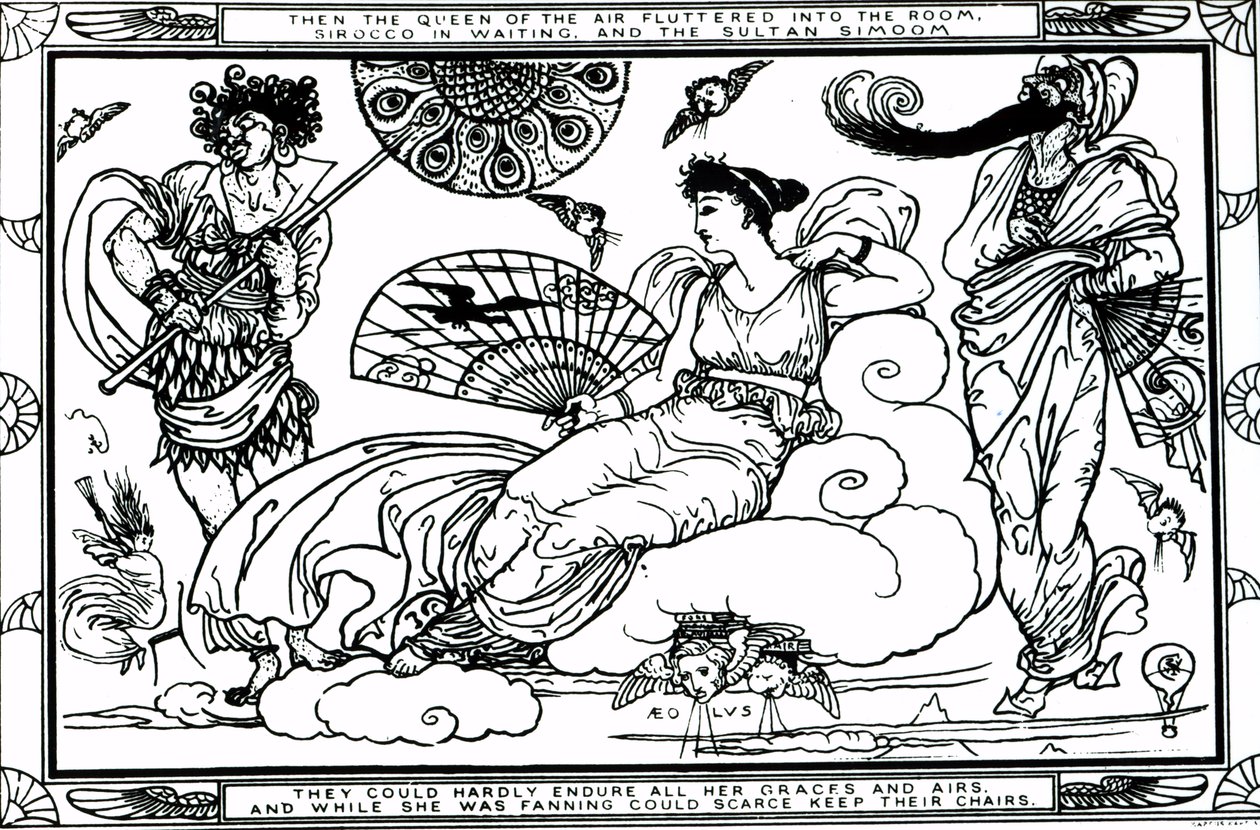 „Wtedy królowa powietrza wleciała do pokoju, Sirocco w oczekiwaniu i Sułtan Simoom” autorstwa Walter Crane