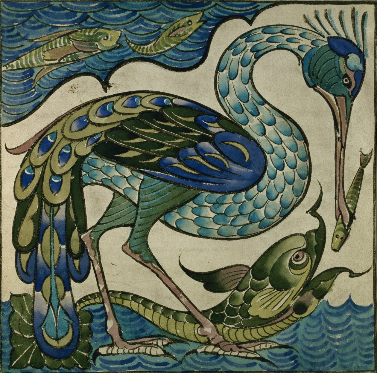 Wzór kafelkowy przedstawiający czaplę i rybę, Walter Crane (1845-1915) autorstwa Walter Crane