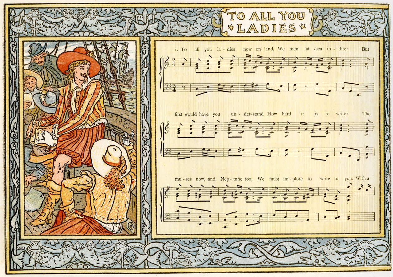 „Wszystkim waszym paniom na lądzie, my, mężczyźni na morzu, indite”, ilustracja do piosenki z „Pan-Pipes”, Księgi starych pieśni, na nowo zaaranżowanych iz akompaniamentami Theo. Marzials, wydane w Londynie przez George autorstwa Walter Crane