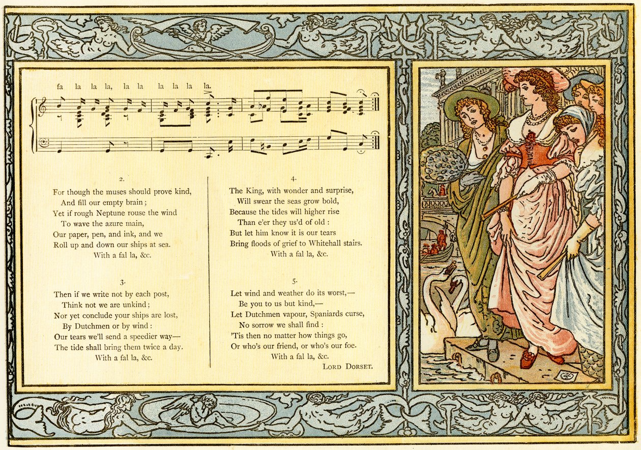 „Wszystkim waszym paniom na lądzie, my, mężczyźni na morzu, indite”, ilustracja do piosenki z „Pan-Pipes”, Księgi starych pieśni, na nowo zaaranżowanych iz akompaniamentami Theo. Marzials, wydane w Londynie przez George autorstwa Walter Crane