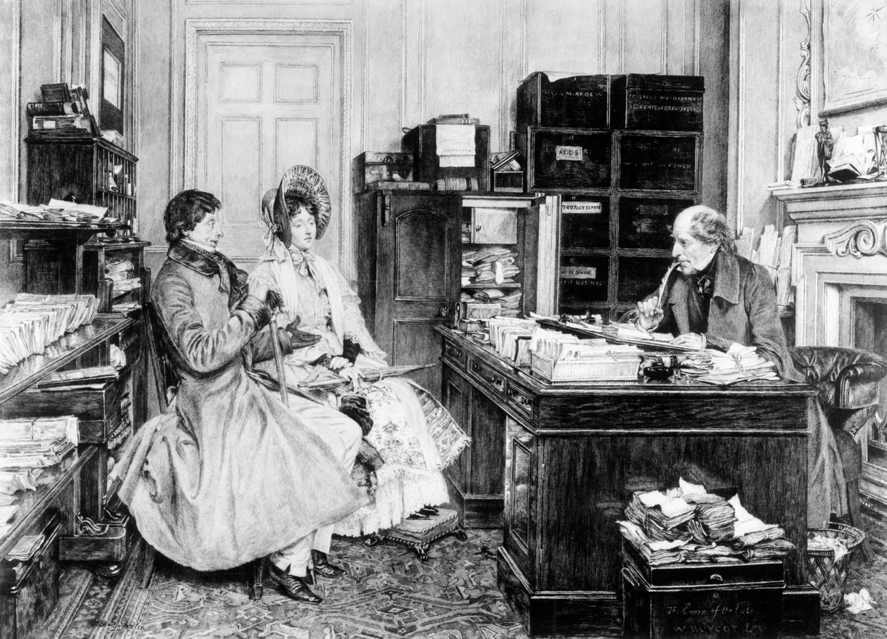 Advokatų biure, išraižytas James Dobie (g.1849) poli autorstwa Walter Dendy Sadler