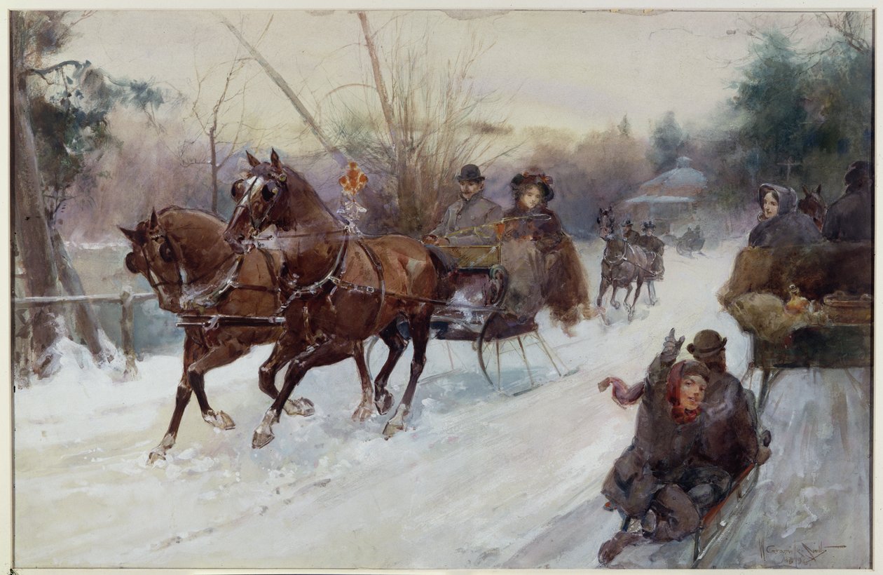 Kuligi w parku, 1896 (wc i gwasz na papierze) autorstwa Walter Granville Smith