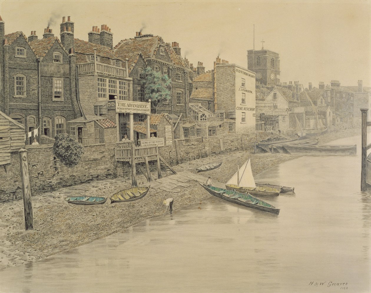 Widok Tamizy ukazujący tawernę Adama i Ewy w Chelsea, 1868 (zob. też 45025) autorstwa Walter Greaves