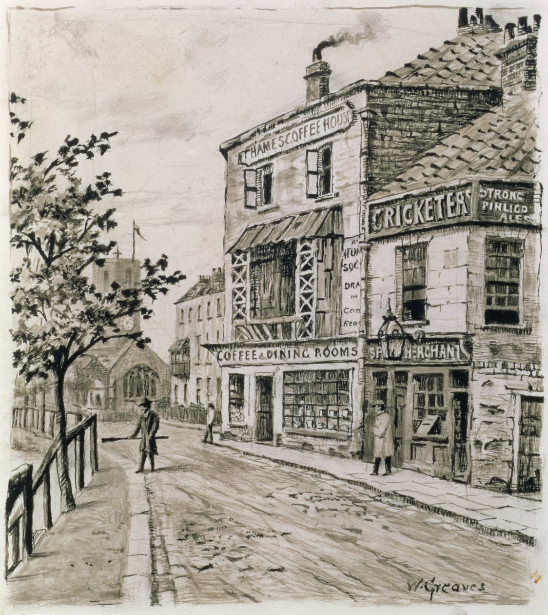 Cricketers and the Thames Coffee House, Chelsea (atrament na papierze) autorstwa Walter Greaves