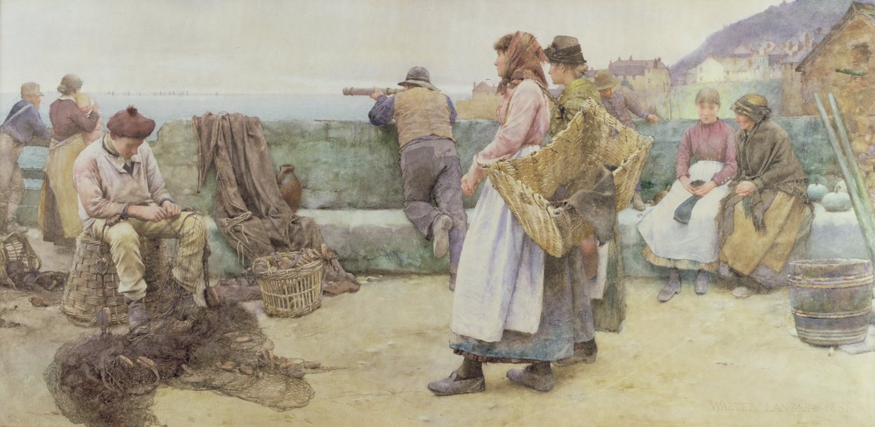 W wiosce rybackiej w Kornwalii: wyjazd floty na północ, 1886 (wc na papierze) autorstwa Walter Langley