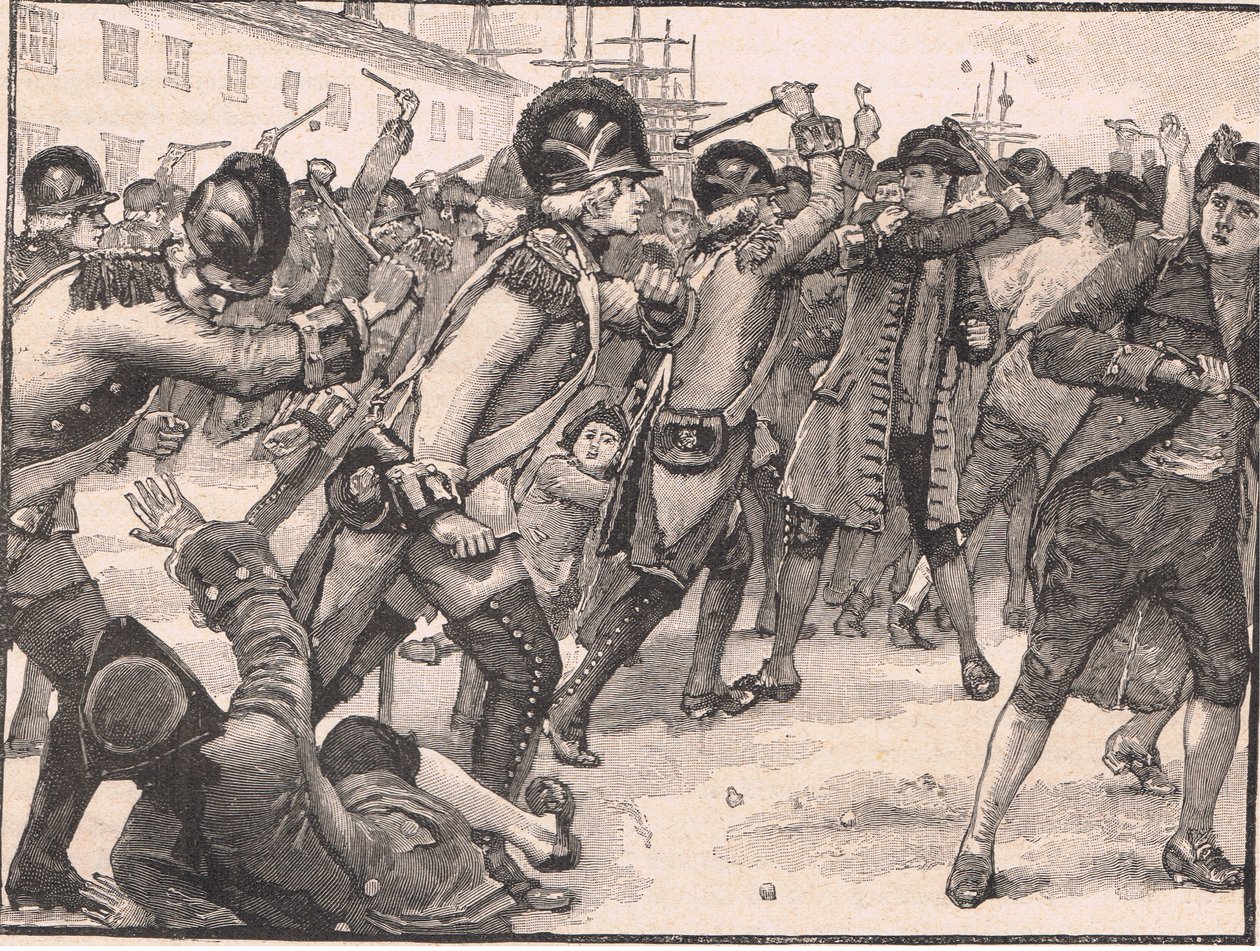 Affray w Bostonie między żołnierzami a wytwórcami lin AD 1770 autorstwa Walter Paget