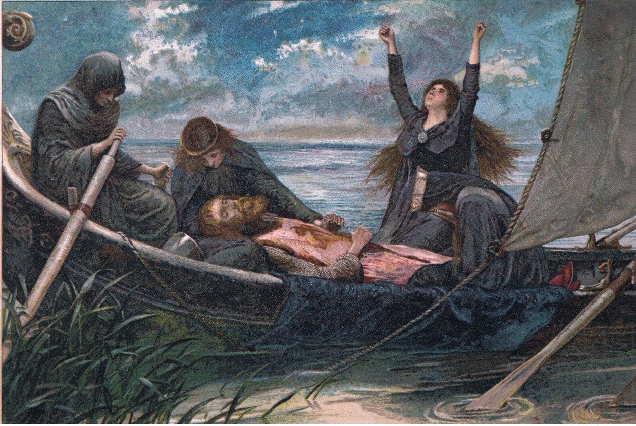 Przemijanie Artura, ilustracja z Obrazków Tennysona wydanych przez E P Dutton & Co, ok. 1900 r. autorstwa Walter Paget