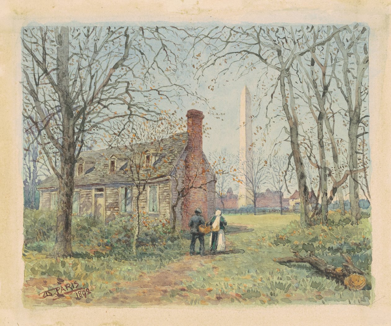 David Burnss Cottage and the Washington Monument, Waszyngton, 1892 (akwarela i grafit na papierze tkanym) autorstwa Walter Paris