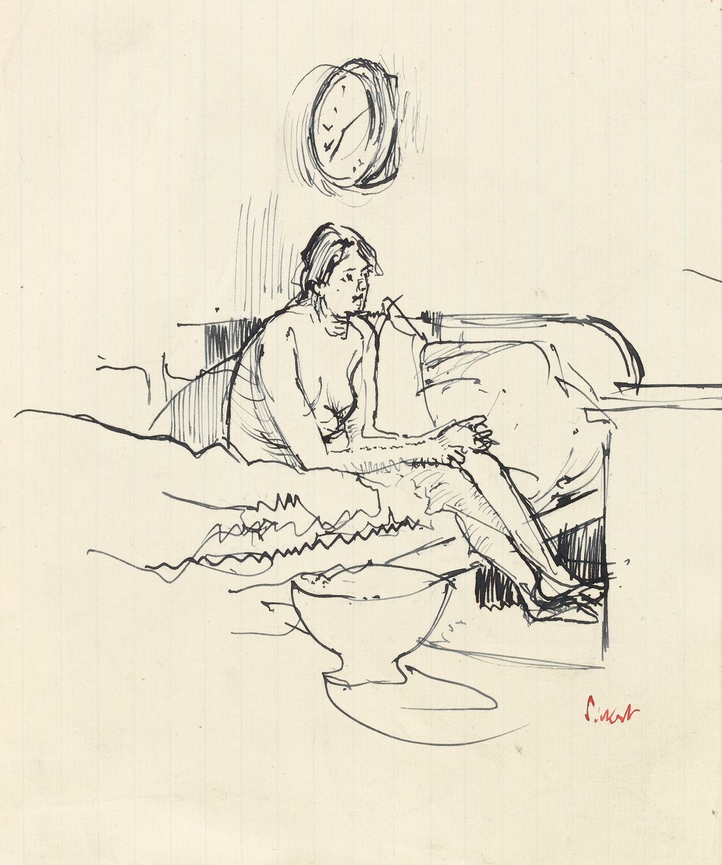 Dziewczyna siedząca na łóżku (długopis i niebieski atrament na papierze) autorstwa Walter Richard Sickert