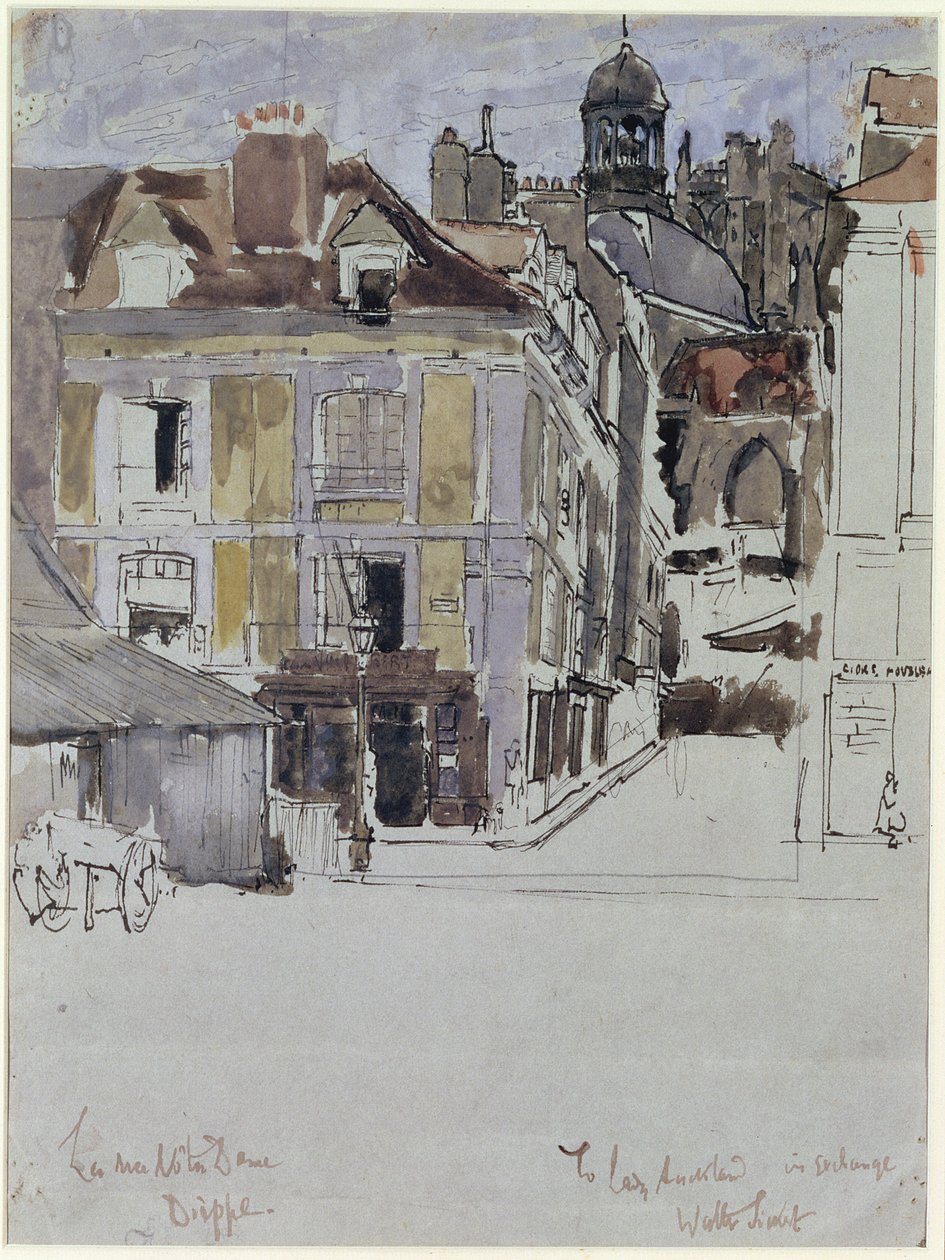 La Rue Notre Dame, Dieppe, z Quai Duquesne na pierwszym planie, ok. 1899 (wc na ołówku i tuszu na papierze) autorstwa Walter Richard Sickert
