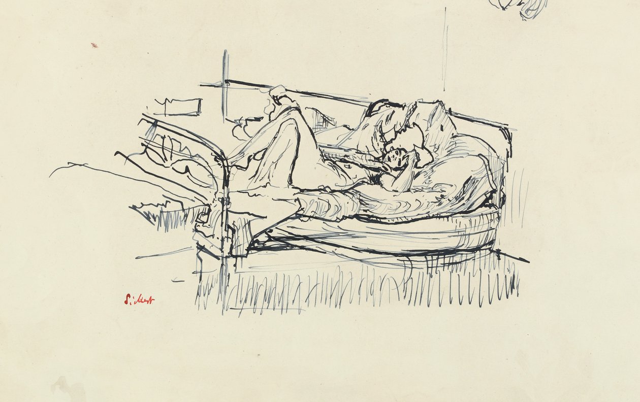 Akt leżący na łóżku (długopis i niebieski atrament na papierze) autorstwa Walter Richard Sickert
