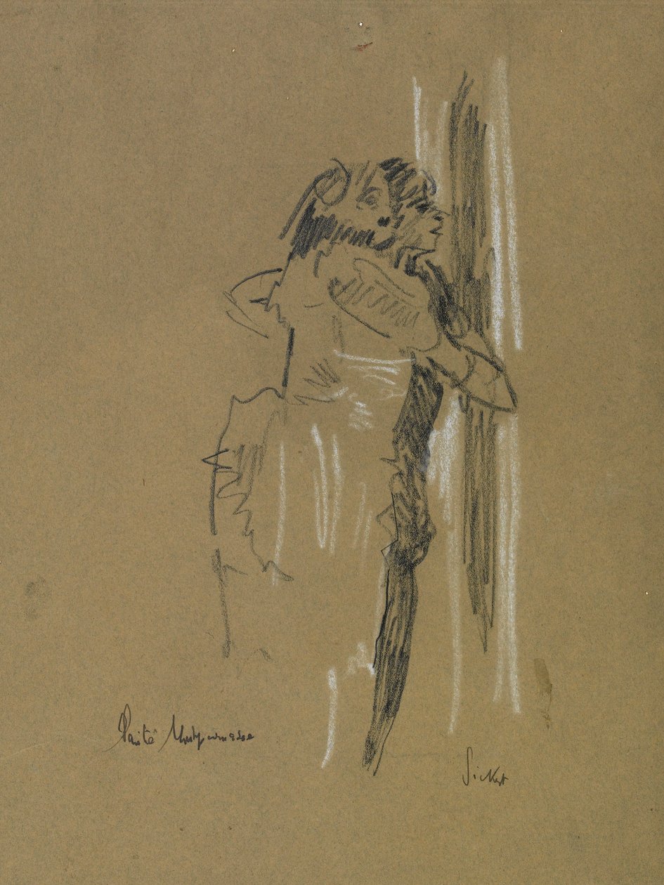 Dwie stojące postacie, ok. 1907 (czarna i biała kreda na wyblakłym niebieskim papierze) autorstwa Walter Richard Sickert