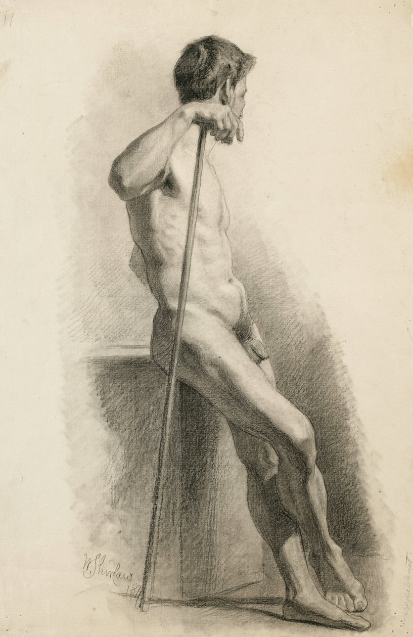 Studium aktu męskiego z laską, widok z boku, 1871 (węgiel na buff lay paper) autorstwa Walter Shirlaw