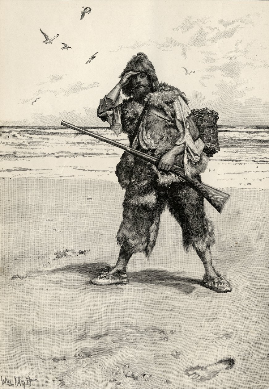 „I Stood Like One Thunderstruck”, ilustracja z „Robinson Crusoe” Daniela Defoe (1660-1731) wydanej przez Cassell and Company, 1896 autorstwa Walter Stanley Paget