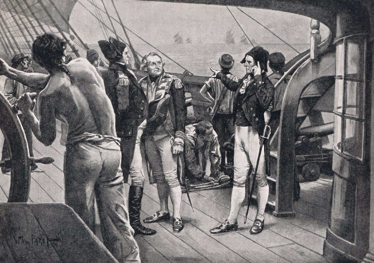 Sir John, jest dwadzieścia siedem żagli liny, ilustracja z „British Battles on Land and Sea”, wydanej przez Cassell, Londyn, ok. 1910 autorstwa Walter Stanley Paget