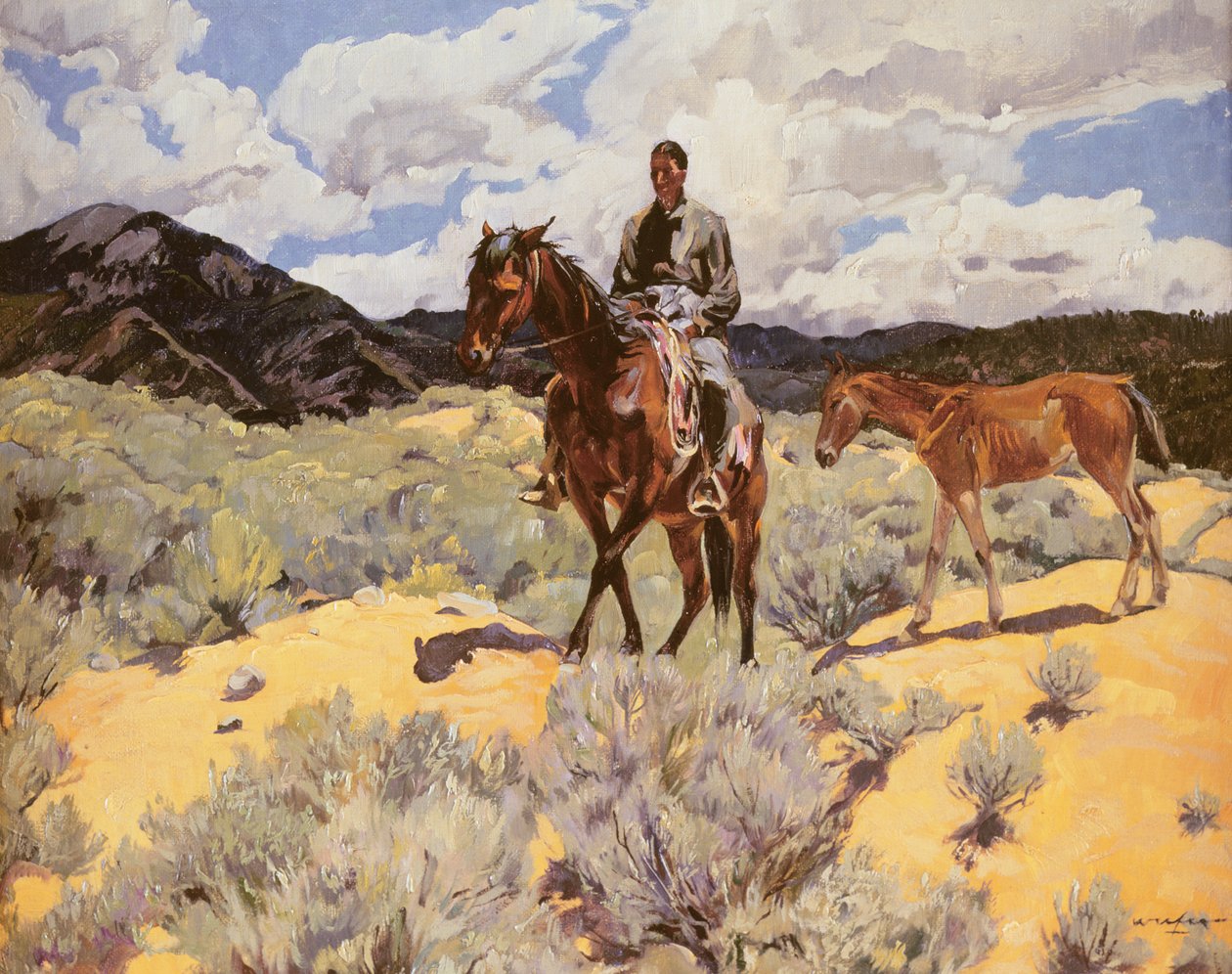 Indianin na koniu z Coltem, ok. 1930 autorstwa Walter Ufer