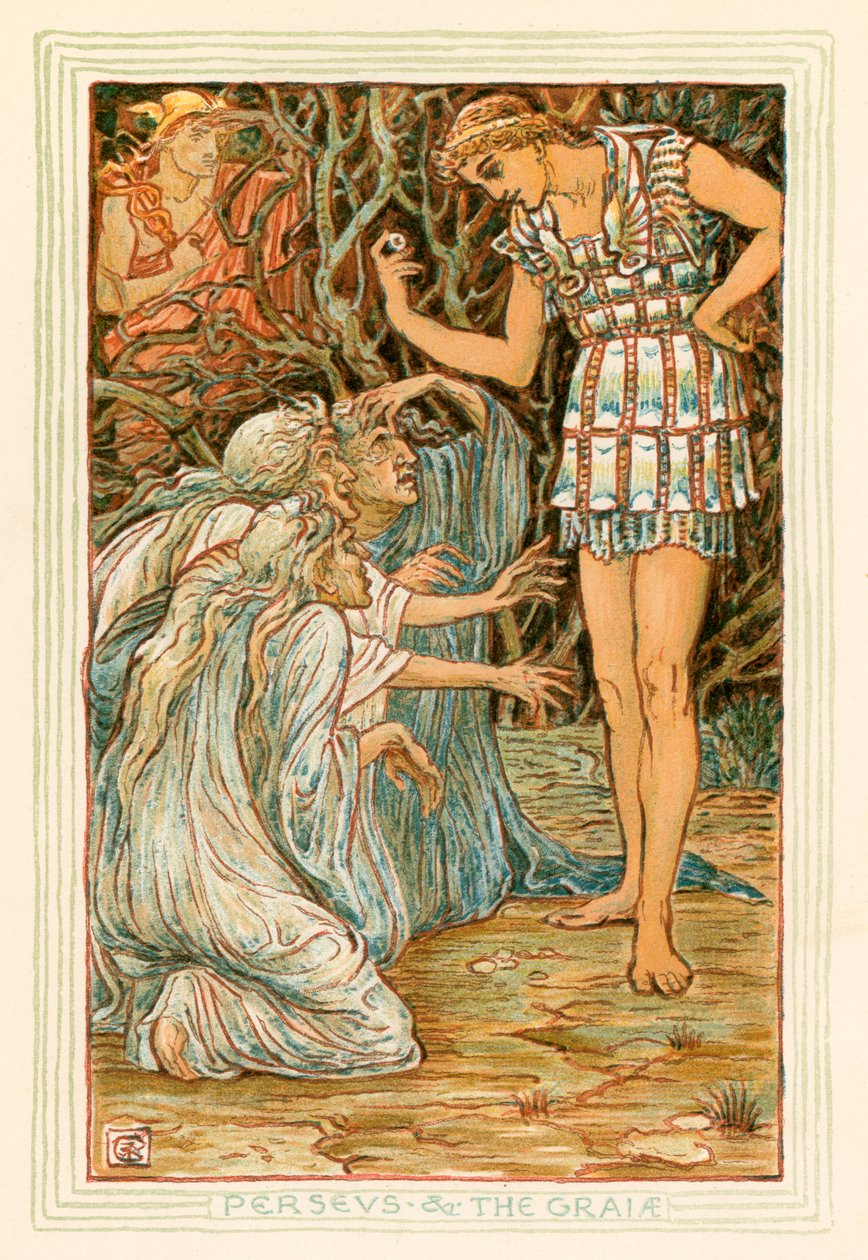 Perseusz i Graja (kolorowa litografia) autorstwa Walter (after) Crane