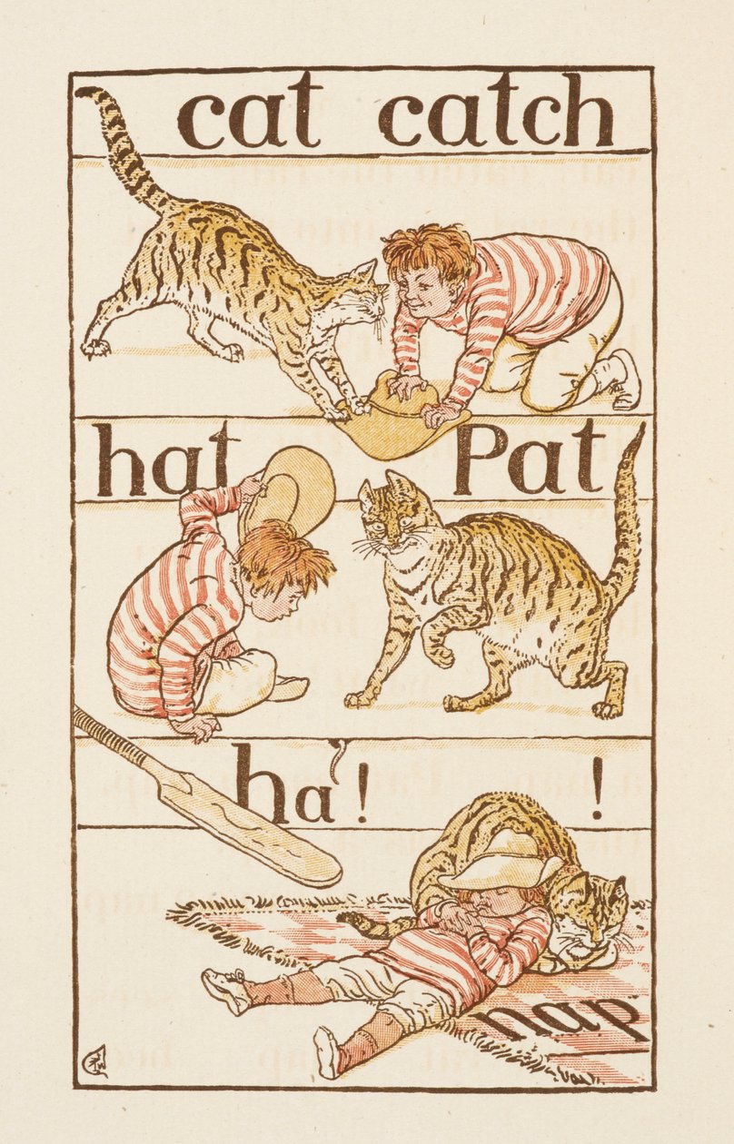 Chłopiec bawiący się z kotem. Ilustracja w „The Golden Primer”. autorstwa Walter Crane