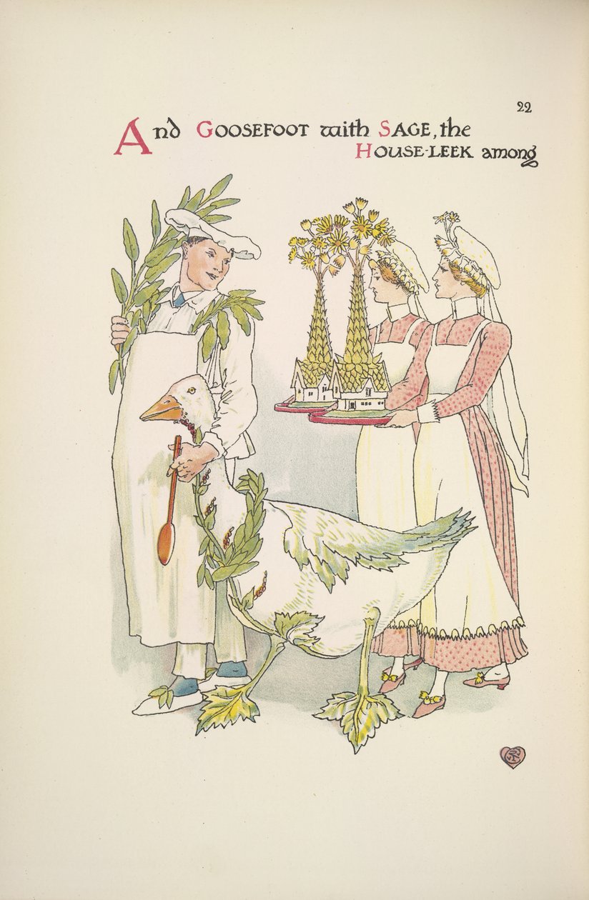 Szef kuchni trzyma gęś. Dwie panie niosące tace autorstwa Walter Crane