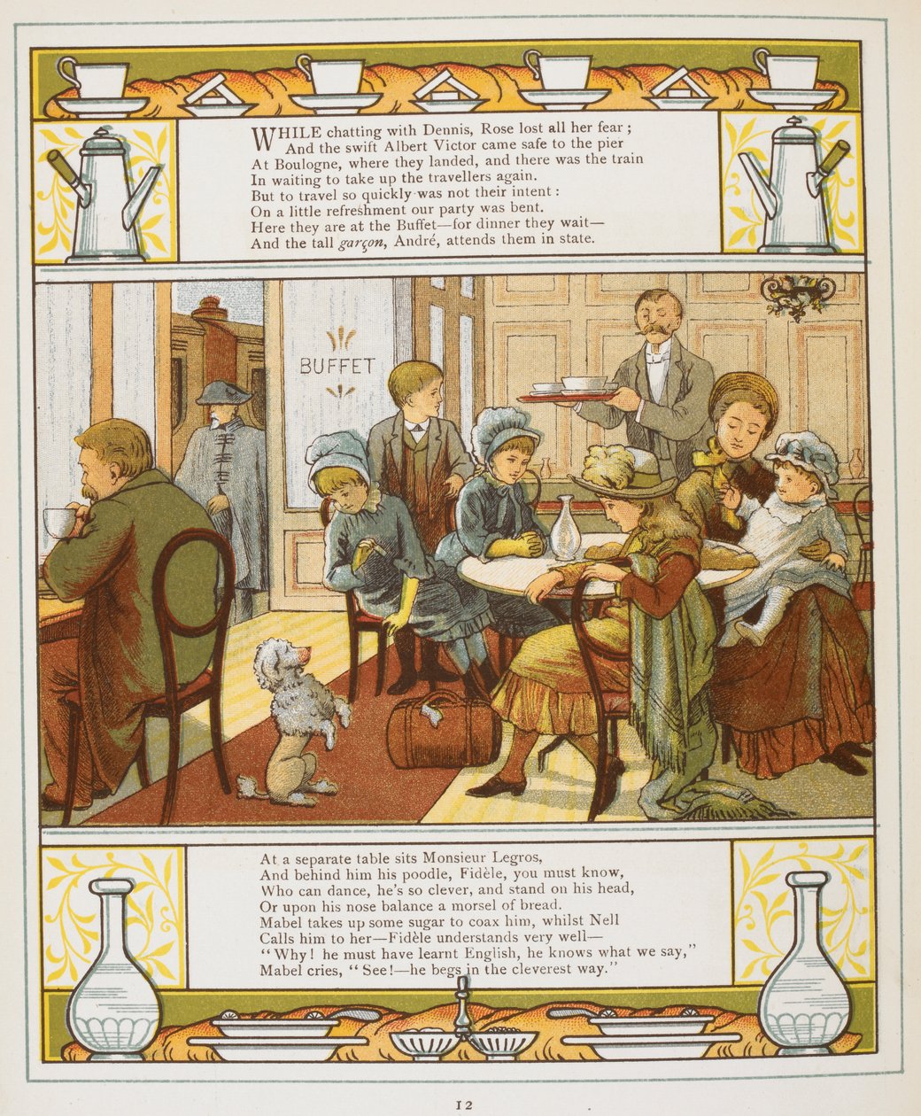 Rodzina z poczęstunkiem w bufecie. Kolorowa ilustracja z „Zagranica”. autorstwa Walter Crane