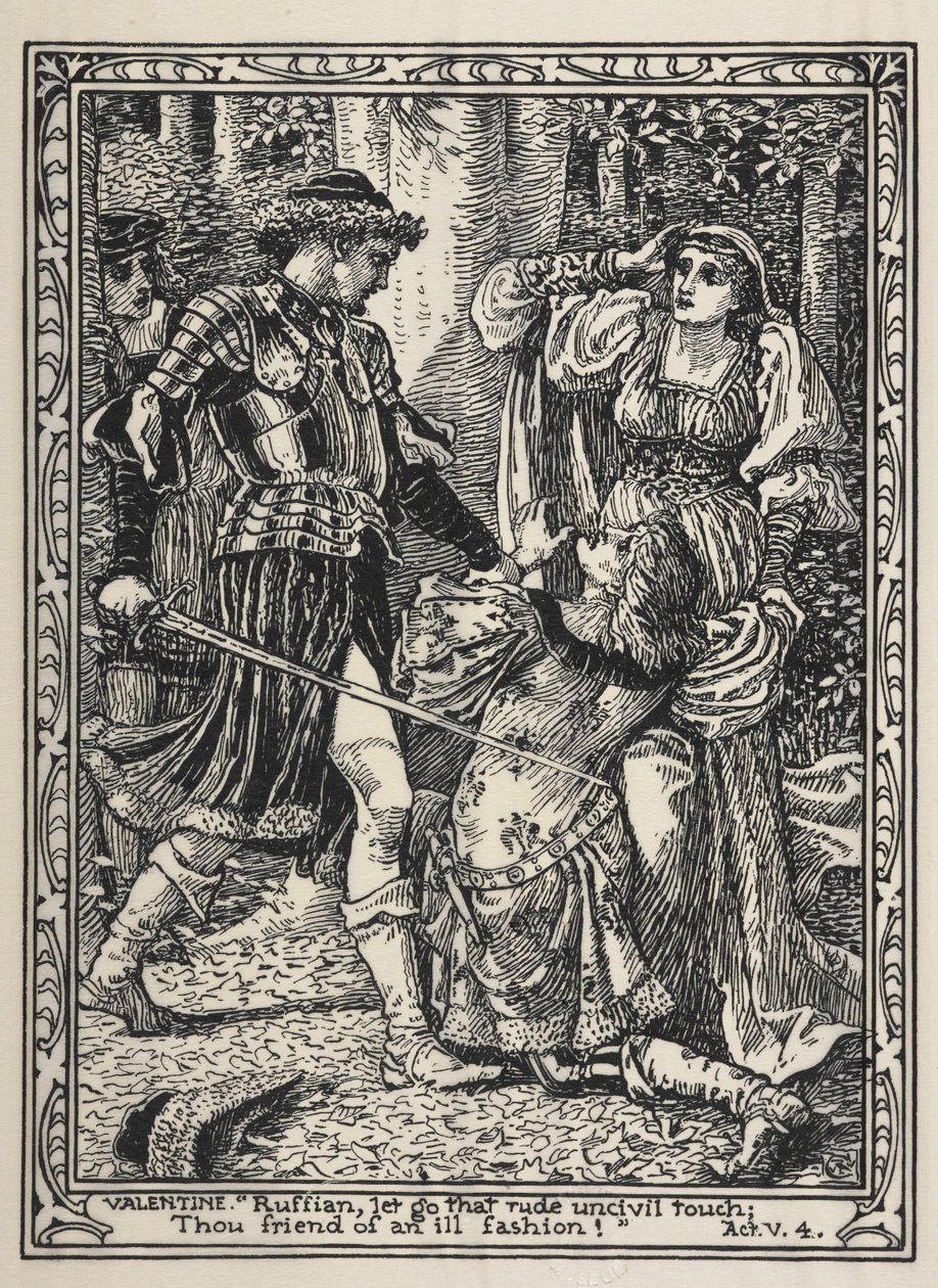 Kadr z filmu „Dwóch panów z Werony”. Kiedy Silvia krzyczy, Valentine ze złością wyskakuje z krzaków i przeklina Proteusa za jego zdradę autorstwa Walter Crane