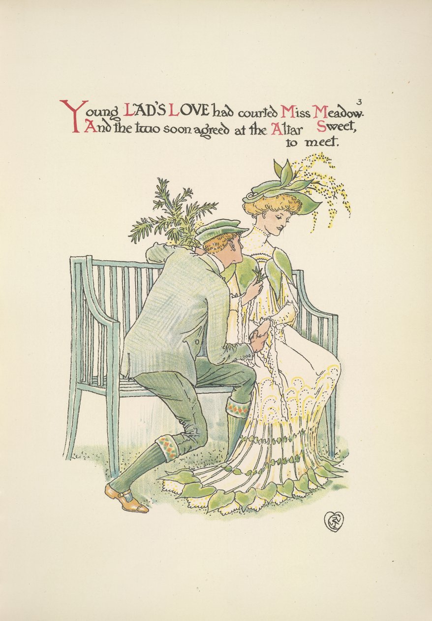 Młody mężczyzna zalecający się do młodej kobiety, panny Meadow autorstwa Walter Crane