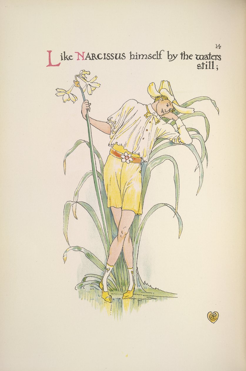 Przy spokojnej wodzie. Młody mężczyzna stojący nad wodą autorstwa Walter Crane