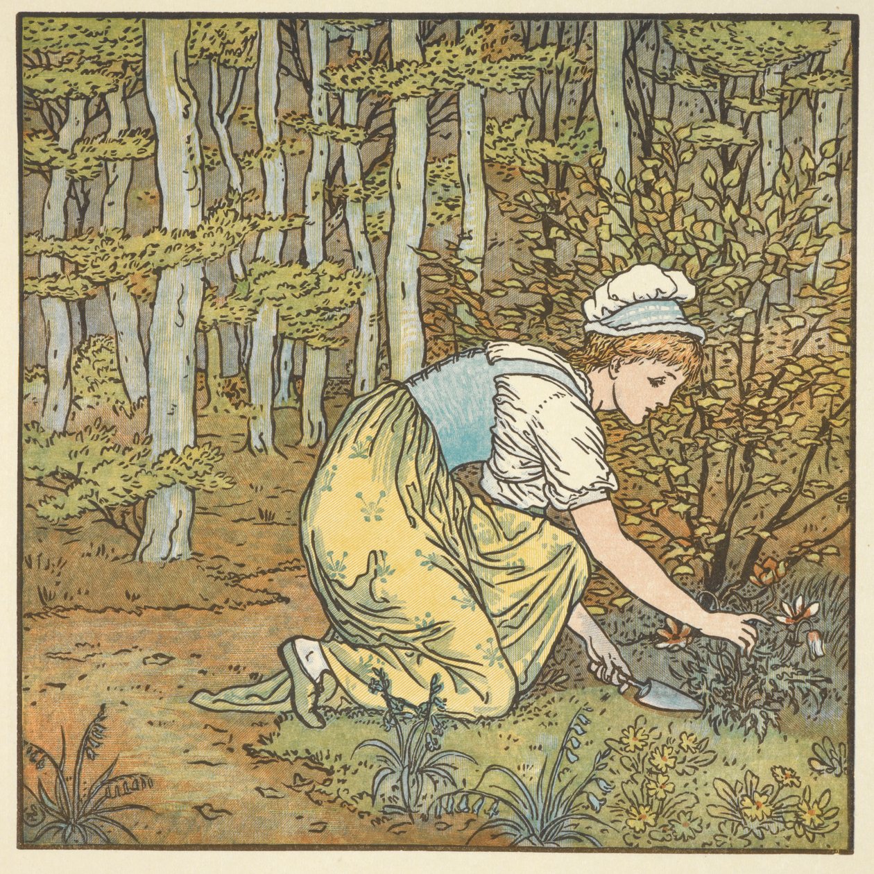 Kolorowa ilustracja do „Gefunden”, rymowanki napisanej w języku niemieckim. Młoda kobieta zbiera kwiat w lesie. autorstwa Walter Crane