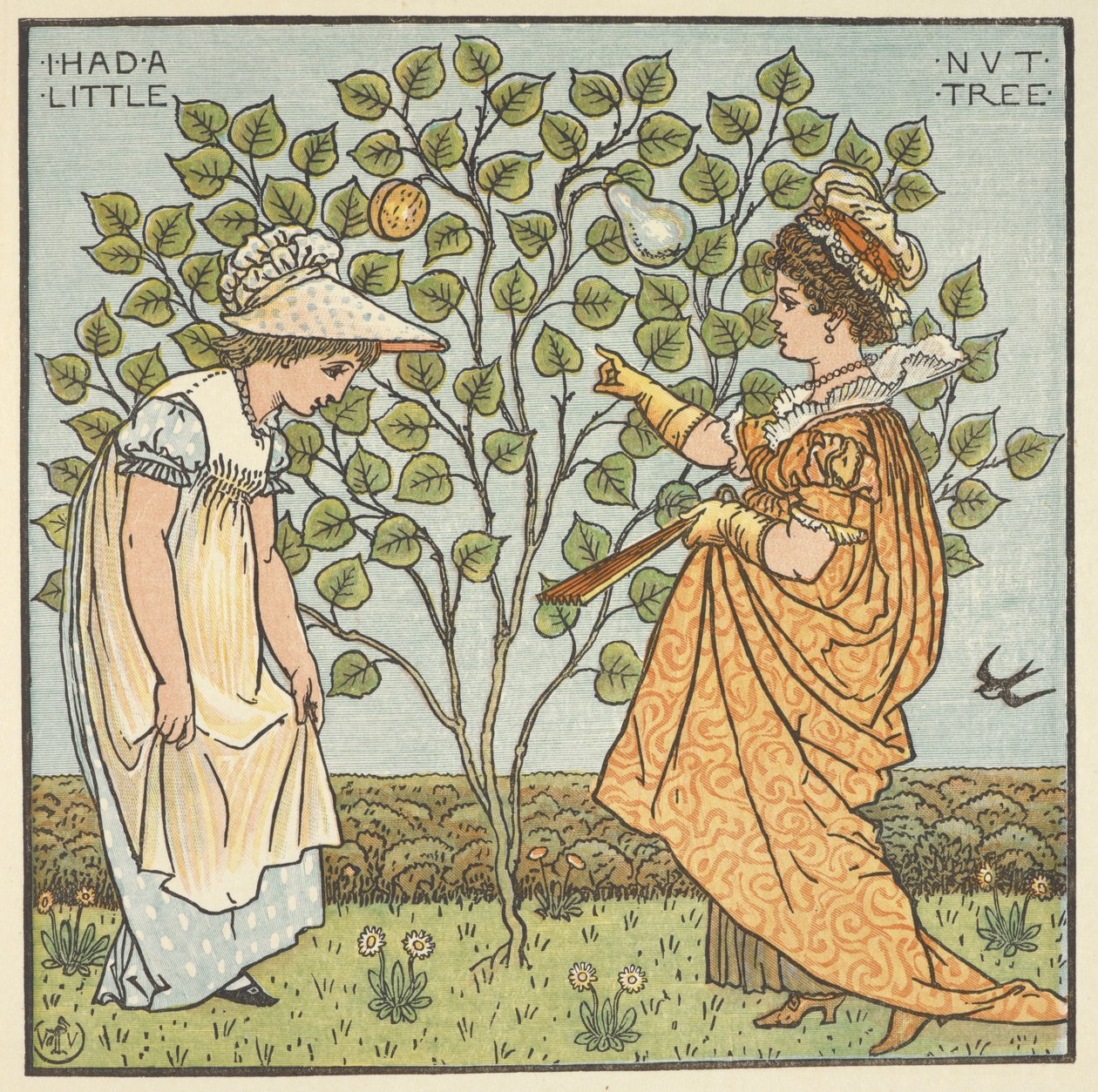 Kolorowa ilustracja do „Miałem małe drzewko orzechowe”. Młoda dziewczyna i królowa Hiszpanii. autorstwa Walter Crane