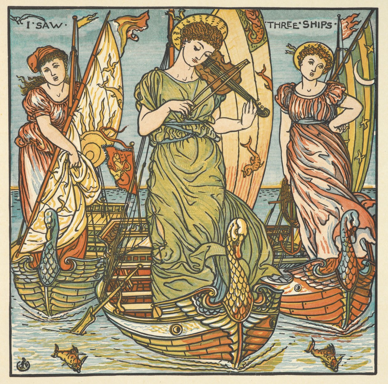 Kolorowa ilustracja do „Widziałem trzy statki”. Trzy kobiety, jedna grająca na skrzypcach, stojące na statkach. autorstwa Walter Crane