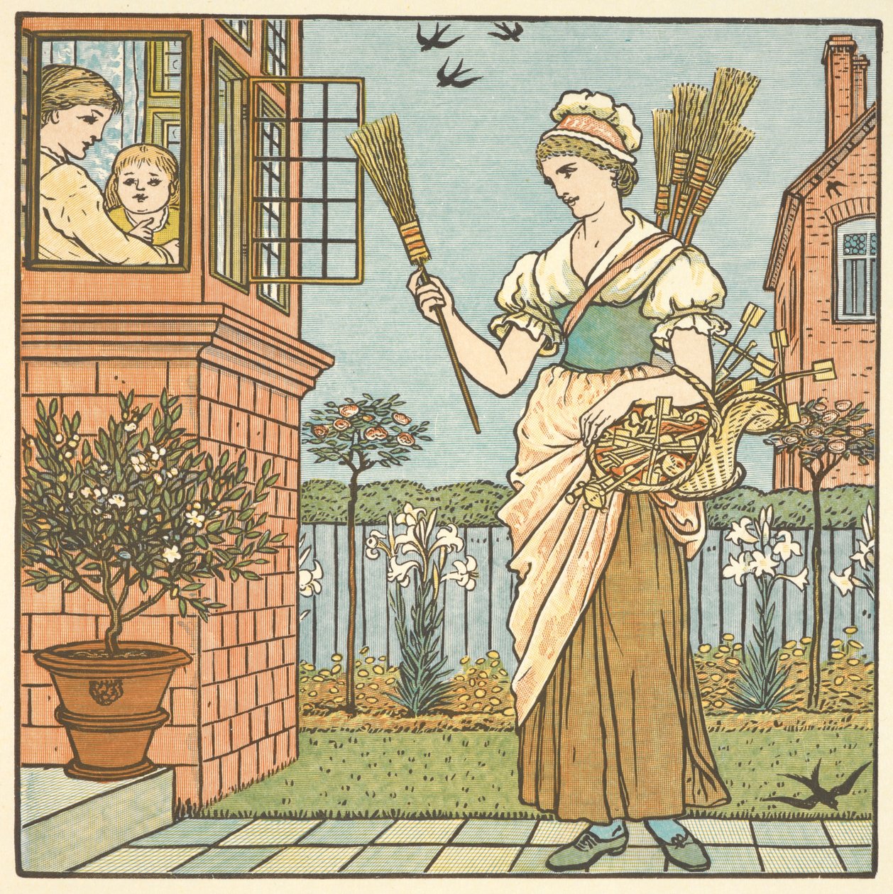 Kolorowa ilustracja dla „kup miotłę”. Młoda kobieta sprzedająca miotły. autorstwa Walter Crane